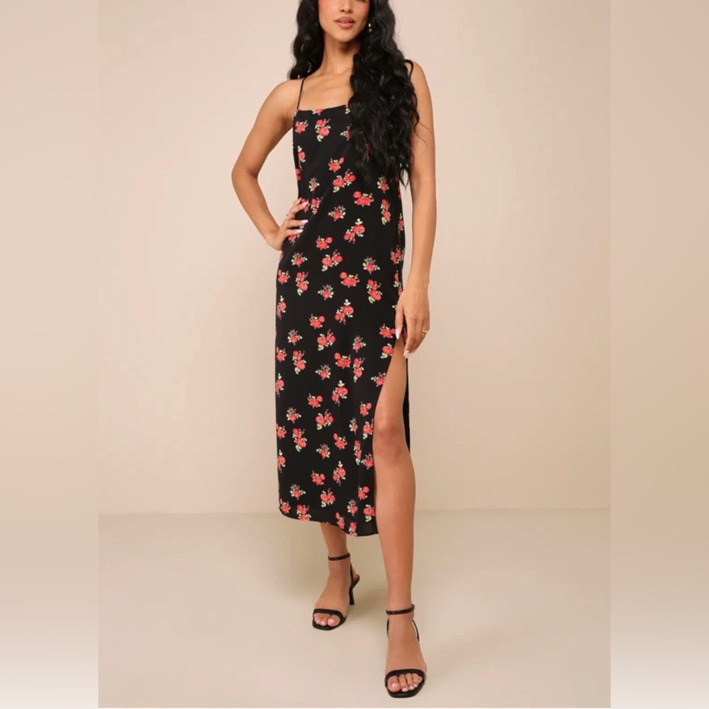 LULUS Flawless Perception Black Floral Print Sleeveless Midi Dress Size S